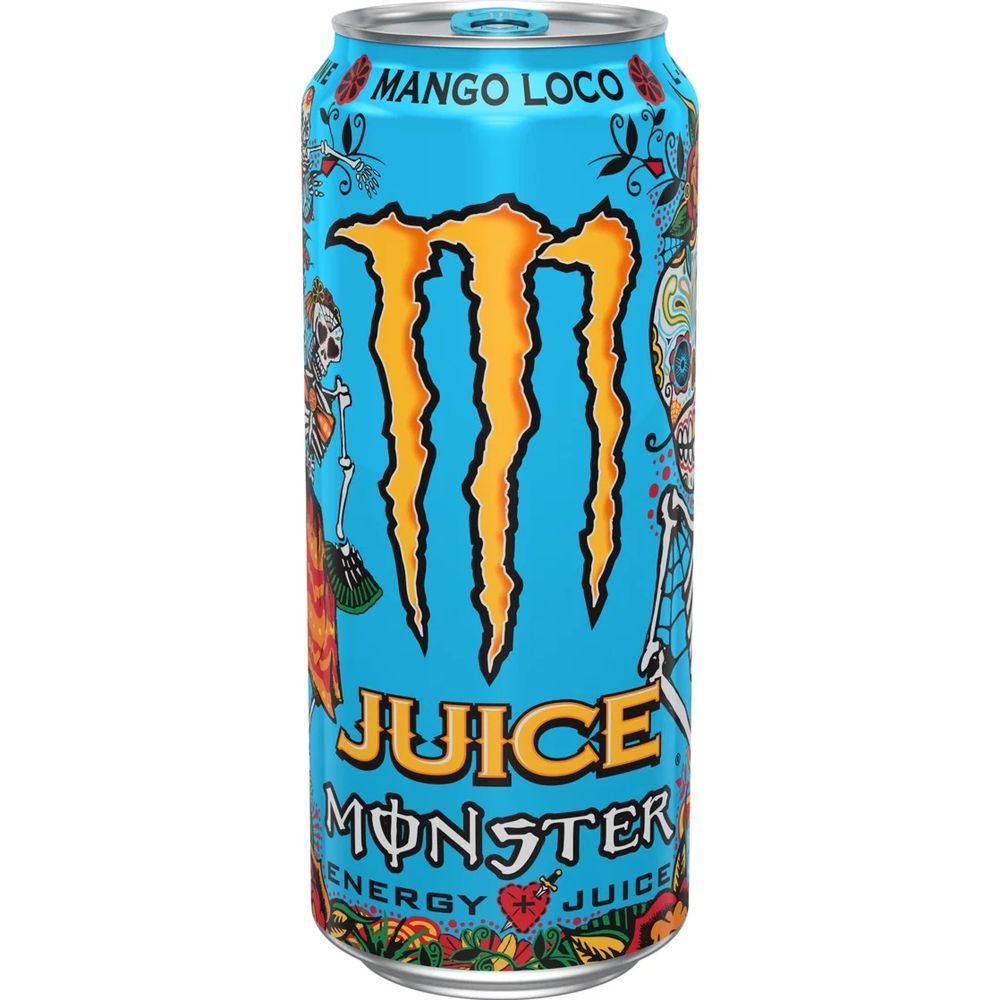 Sky-blue can of Monster Energy Juice “Mango Loco” flavor