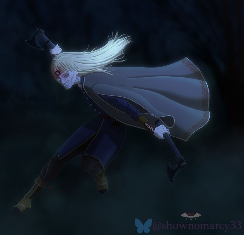 Art showing a tall, thin, blonde woman with a pair of axes rushing through a dark wood. An open circle on her forehead trails blood down her face.