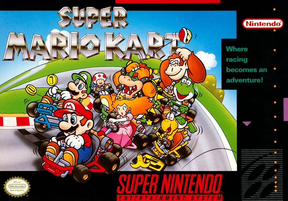 The North American box art for Super Mario Kart for the Super Nintendo Entertainment System.
