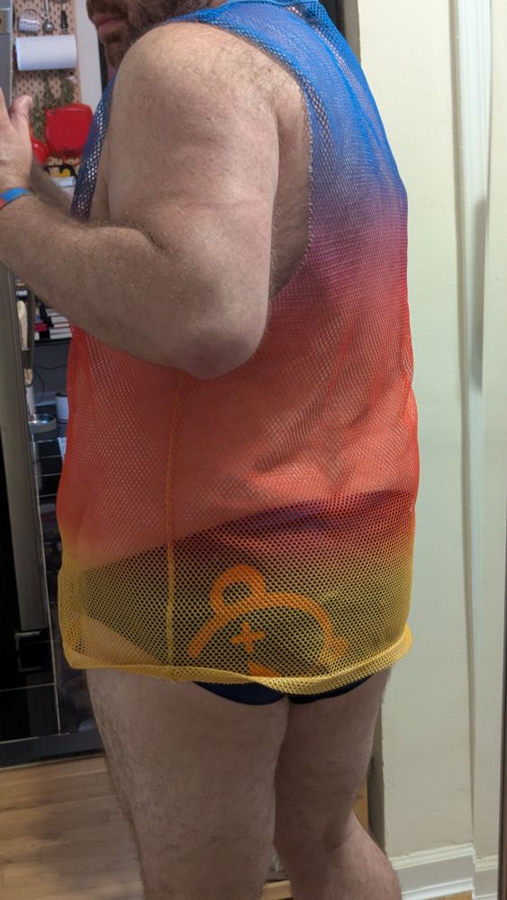 Backside mirror selfie, showing the neon orange bear face on the backside of the speedo through the rainbow fishnet tanktop 