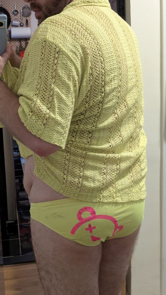 Backside mirror selfie with the knit shirt pulled up slightly to show the rear of the speedo, which has a neon pink bear face (the Urswearbear logo)
