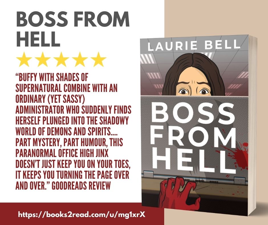 Review text for Book Boss From Hell and book cover - woman scared, hiding behind laptop at work, shadow of monster and claw