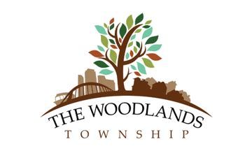 Flag representing the township of The Woodlands, Texas with a line art drawing of a tree in the middle and high rise buildings to the left of it, and single family home silhouettes to the right of the tree.