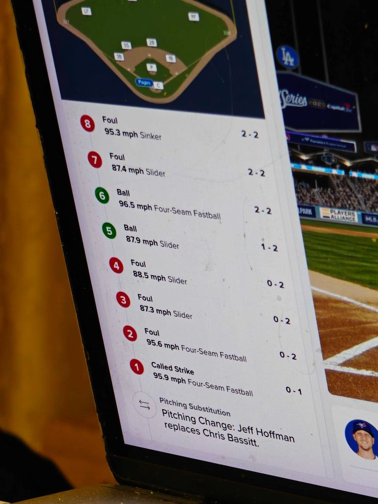 World Series MLB GameDay with Andy Pages at bat. Called strike, foul, foul, foul, ball, ball, foul, foul. That's an excessive number of fouls!