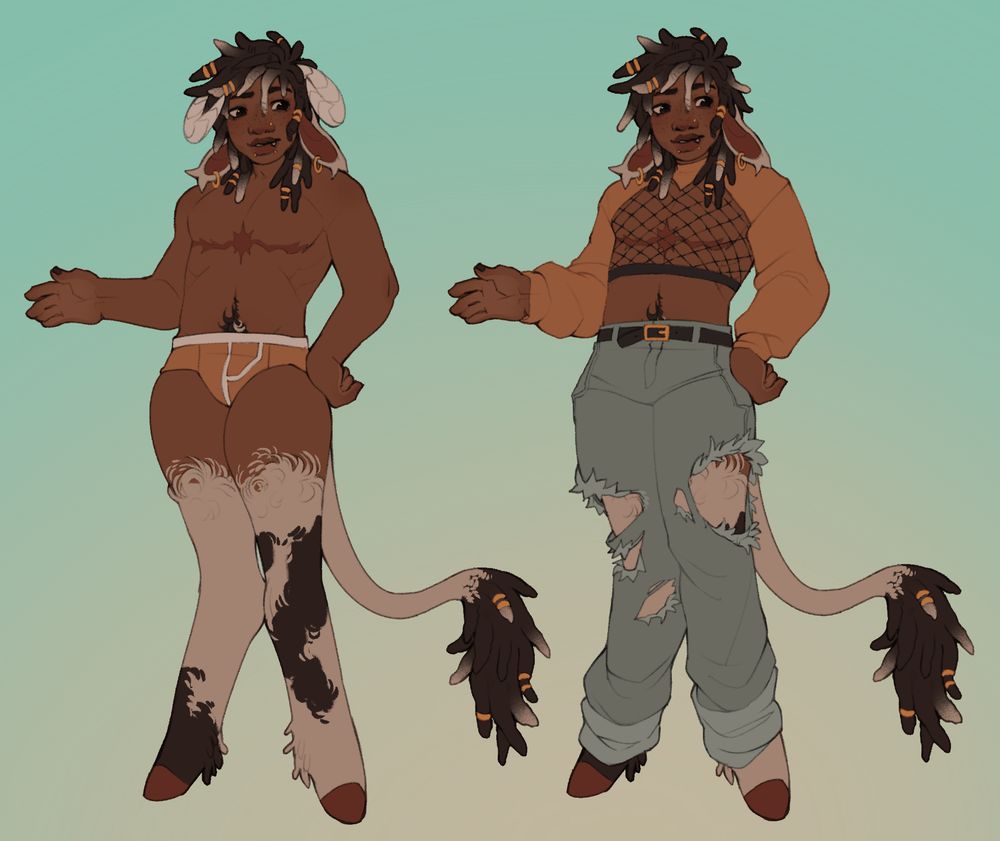 a simple reference sheet of a satyr-esque character. He has dark skin and freeform locs, and white hooved legs with darker spots.