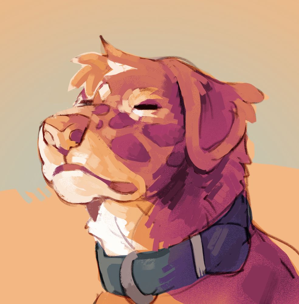 a painted headshot resembling the meme of the dog sitting in the sunset with its eyes closed