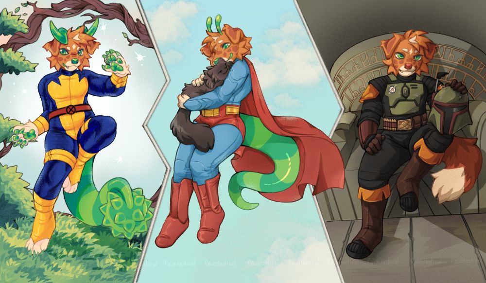 a drawing depicting the same character in three different scenes. The first one is the character, caboose, wearing a x-men suit in front of a krakoan portal. The second image is Caboose wearing supermans suit, hovering in the sky holding a gray fluffy cat. Third scene he is dressed like Boba Fett, sitting on the throne in Jabba's palace