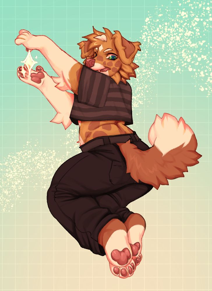 A fullbody drawing of an anthro dog, his back facing the POV and looking back over his shoulder. He is holding his hands up, holding a star between them.
