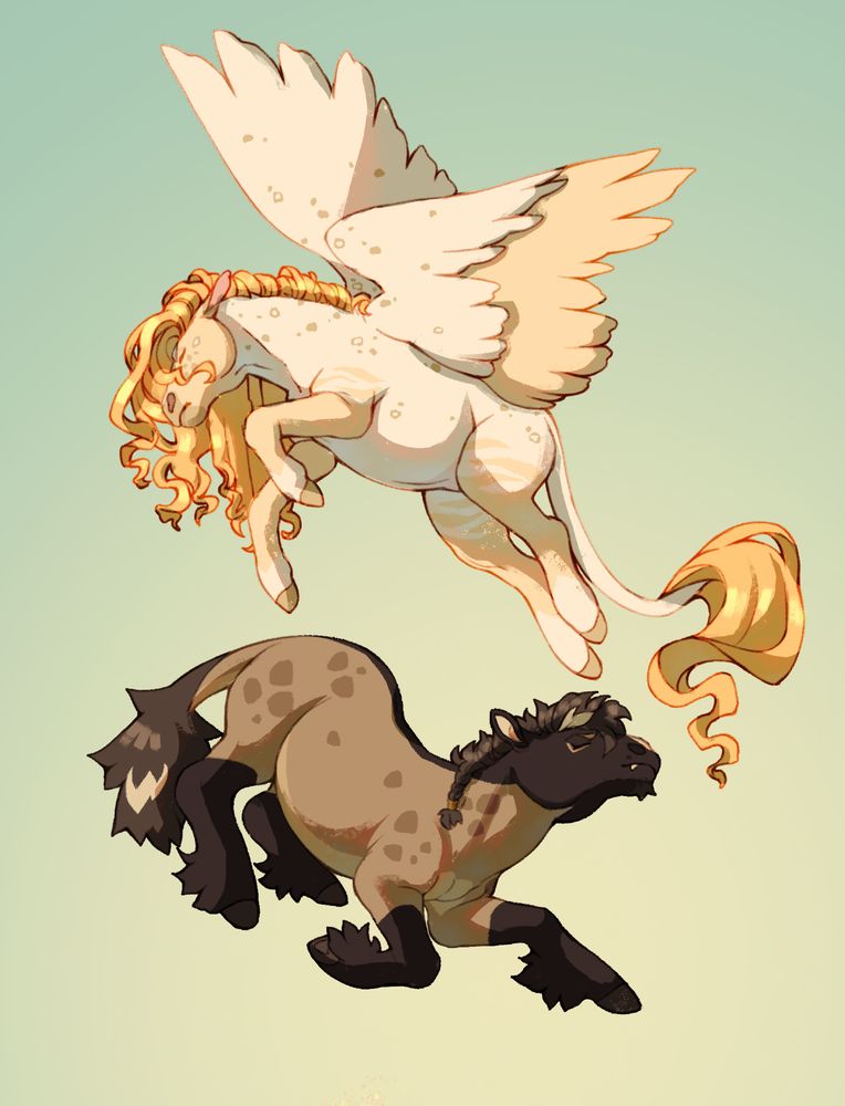 a drawing portraying a white and yellow pegasus flying over a brown horse. they're facing opposite directions with their eyes closed.