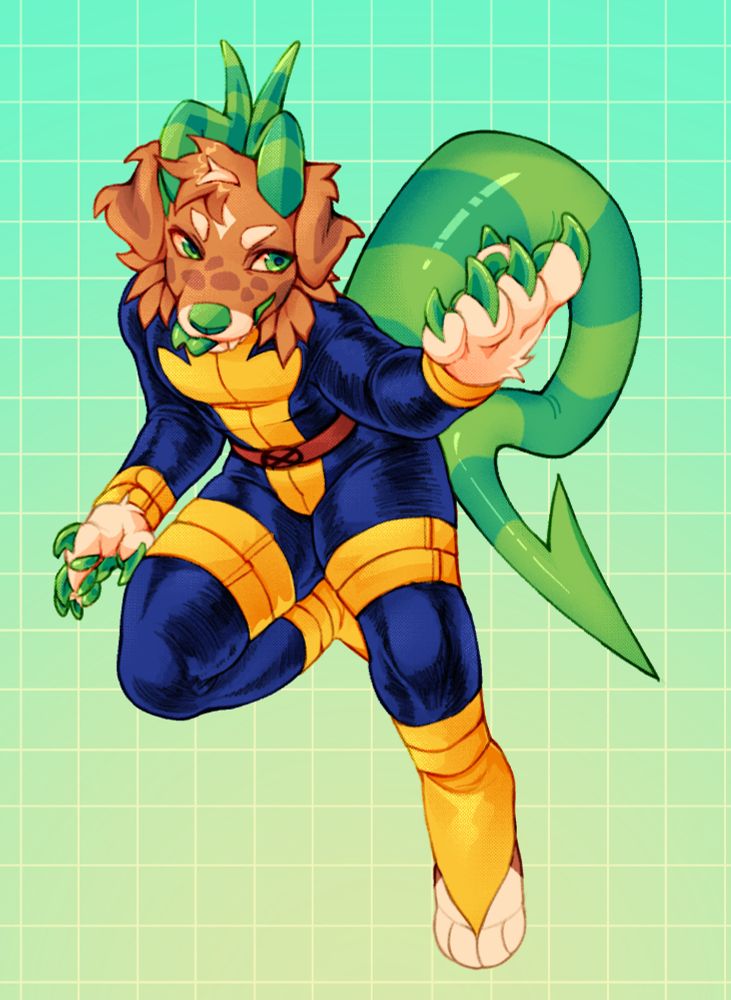 A fullbody of an anthro dog, he is wearing a x-man suit.