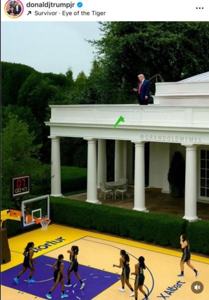 The president's actual son posting a photoshop of Trump being a mad old man on the White House roof, throwing a green dildo at women basketball players on a court below. Because the US is now run by the governors of Gilead.