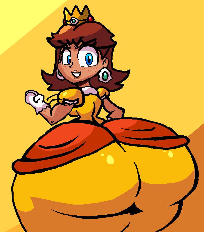 Princess Daisy, from Mario, showing off her large butt while flexing her muscles.