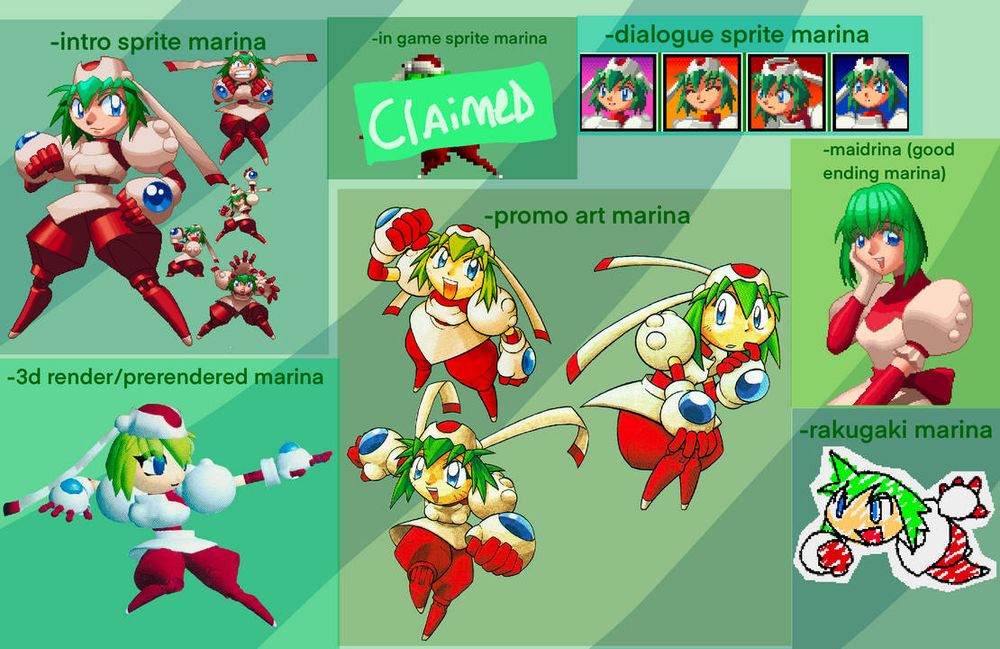-intro sprite marina 
-in game sprite marina (claimed)
-dialogue sprite marina 
-maidrina (good ending 18+) 
-promo art marina 
-rakugaki marina
