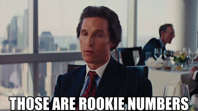 a man in a suit and tie says " those are rookie numbers " in front of a window