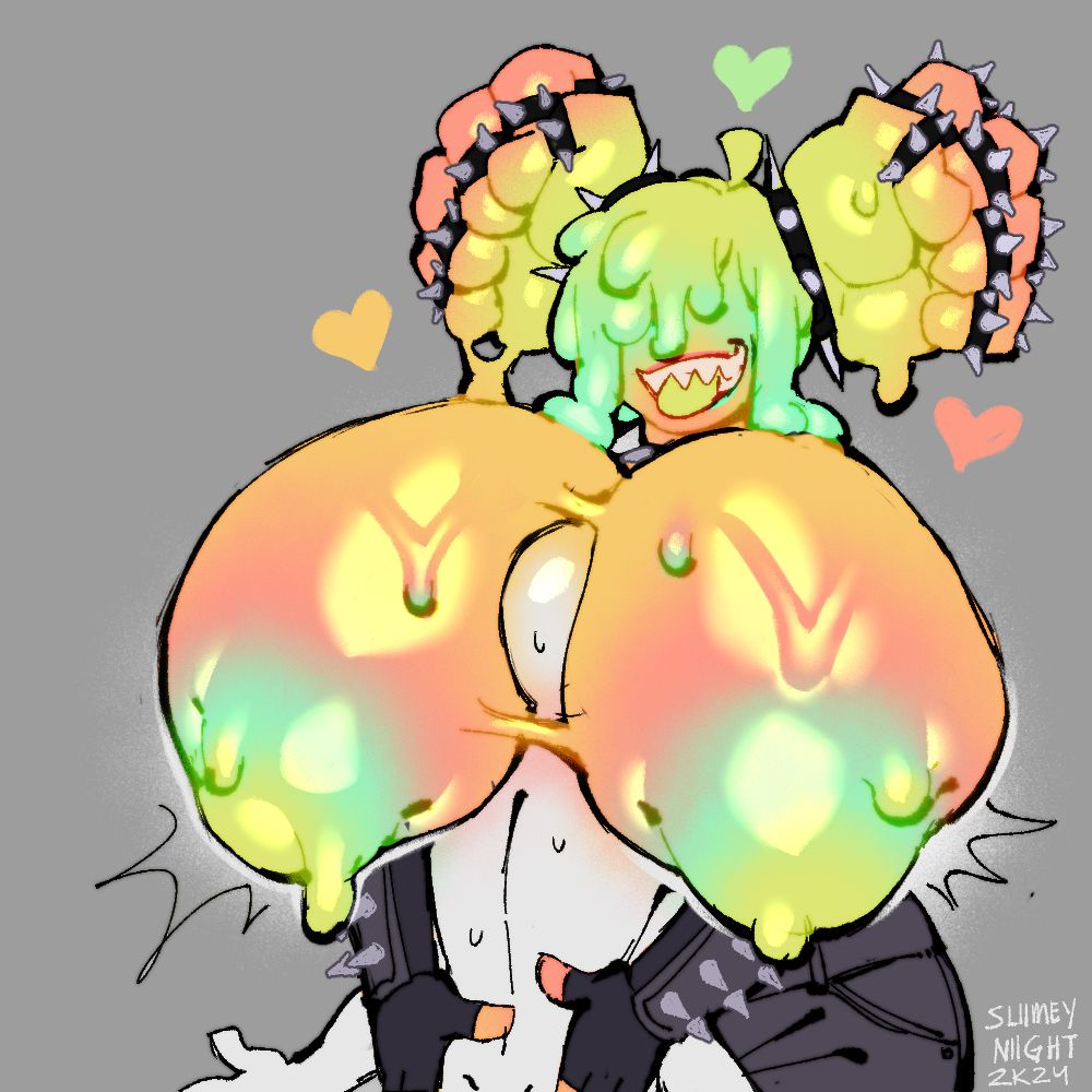 Slime girl’s breast are large and rest onto the small anon