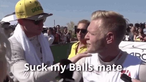 kevin magnussen (right) telling nico hulkenburg (left) "Suck my balls mate"