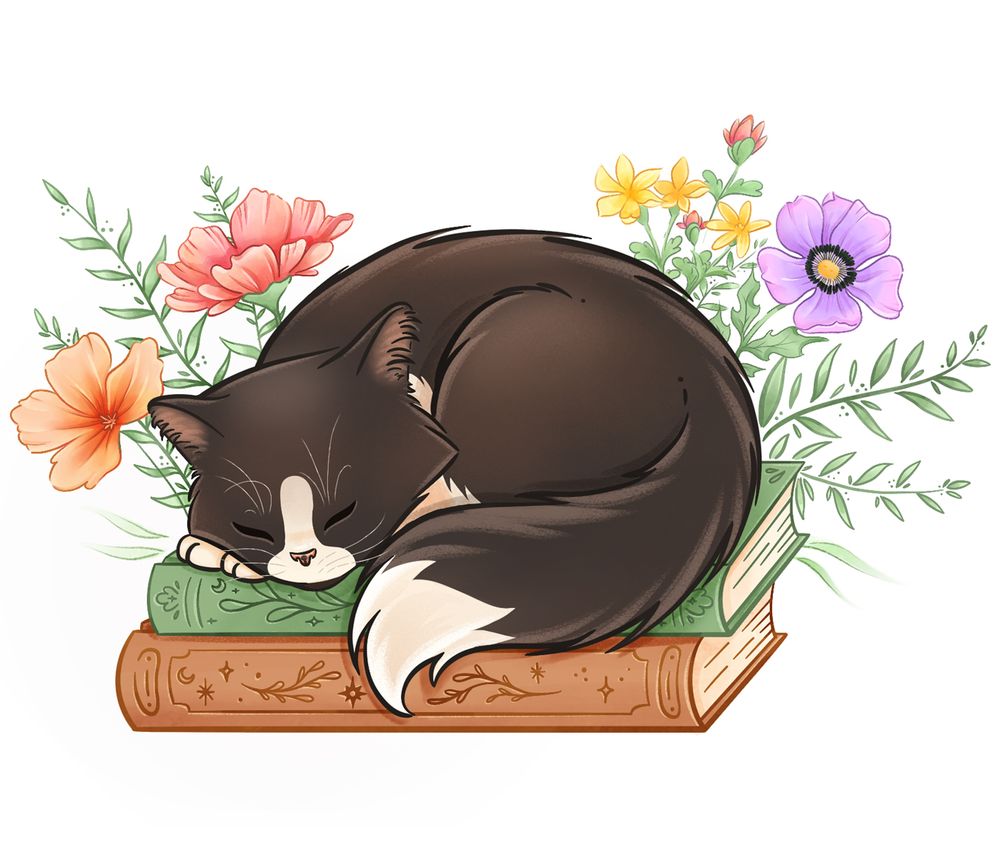 A digital illustration of a longhaired black cat with a white snoot and a white tip of it's tail sleeping on a pile of books surrounded by flowers and other botanical elements.