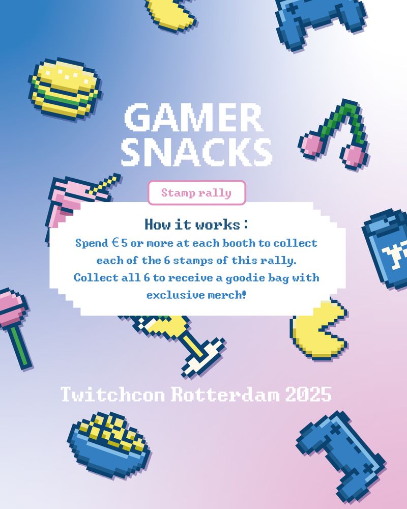 A digital illustration of a flyer for a stamp rally with the text "Your prizes. Collect your goodie bag* to receive these 6 exclusive postcards and more! *30 goodie bags available" 