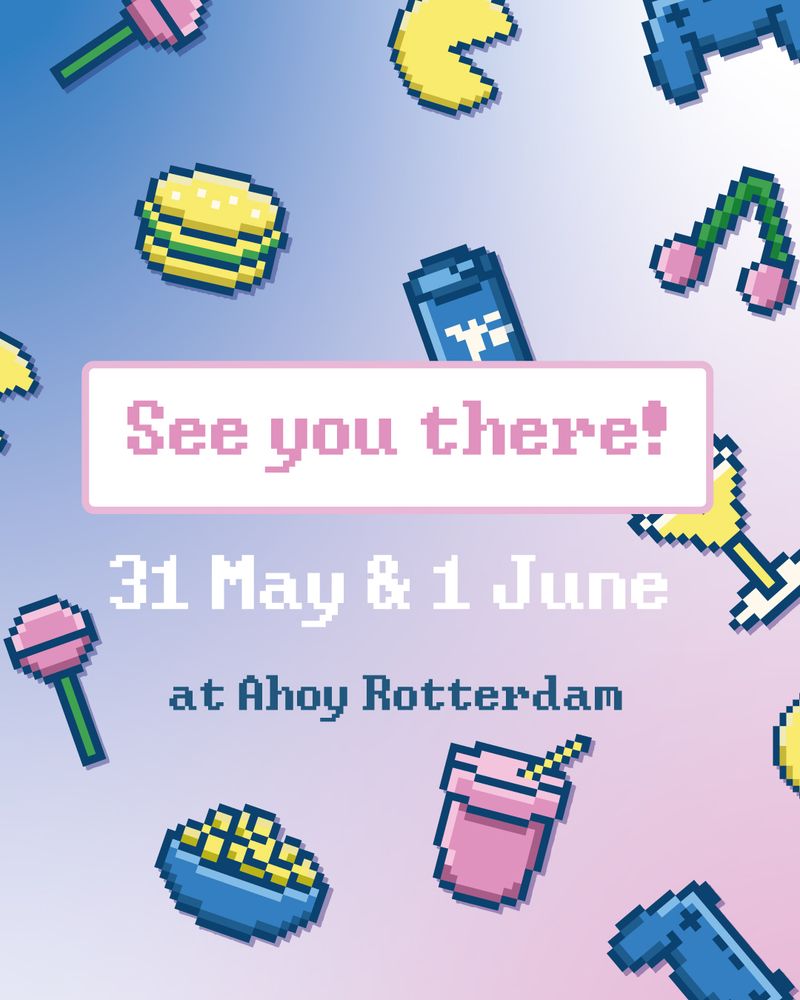 A digital illustration of a flyer for a stamp rally with the text "Gamer Snacks. Stamp Rally. How it works: Spend €5 or more at each booth to collect each of the 6 stamps of this rally. Collect all 6 to receive a goodie bag with exclusive merch!" 