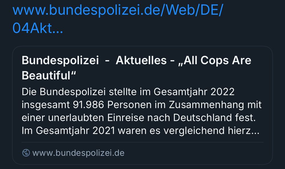 Screenshot der Vorschau des Links zur Bundespolizei mit dem Titel “Bundespolizei - Aktuelles - “All Cops Are Beautiful”” und dem Text “Die Bundespolizei stellte im Gesamtjahr 2022 insgesamt 91.986 Personen im Zusammenhang mit einer unerlaubten Einreise nach Deutschland fest. Im Gesamtjahr 2021 waren es vergleichend hierz…”