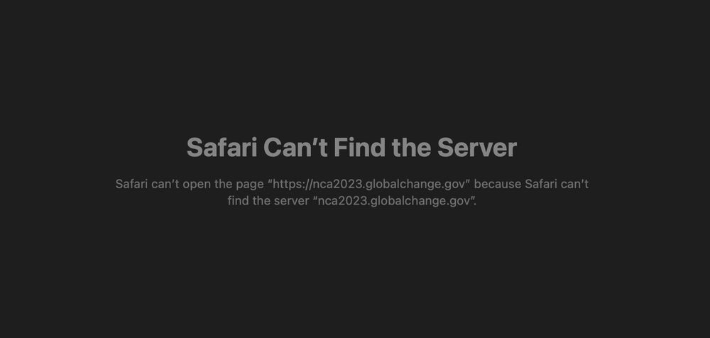An error message reads: Safari can't find the server "nca2023.globalchange.gov"