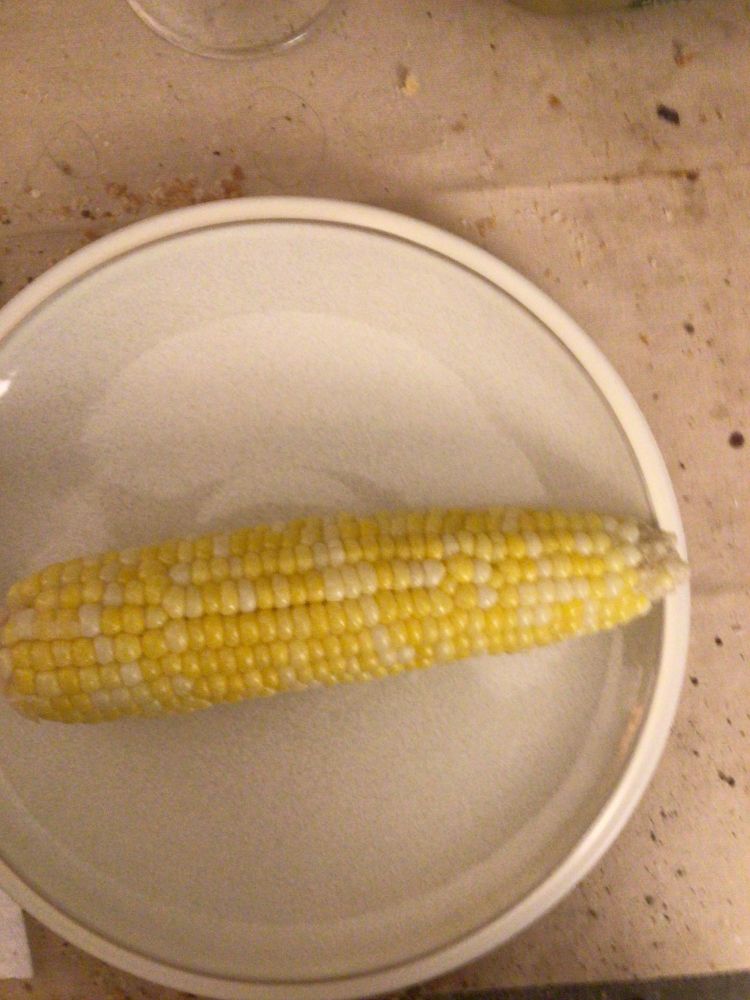 An ear of corn on the cob on a beige dinner plate