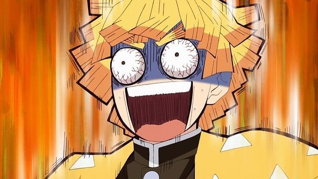 An image of the anime character Zenitsu screaming. He is a blonde teenager wearing a yellow robe over a black suit with white trim.