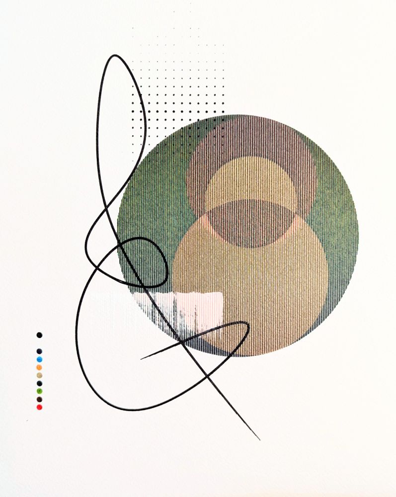 Pen plotted abstract print made with various color pens.  Intersecting circles in green and red tones and a large black freeform line.