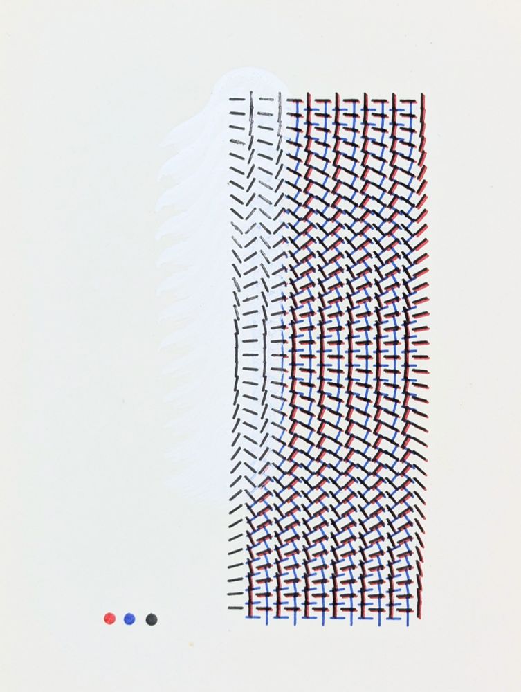 Abstract pen plotted print made with a dash pattern layered in red, blue, and black inks.