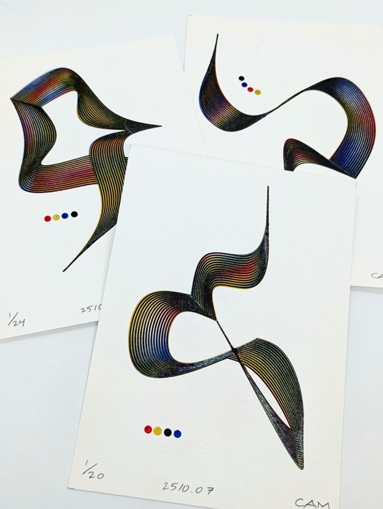 Set of 3 pen plotted abstract prints with calligraphic forms made with red, blue, gold, and black pens.
