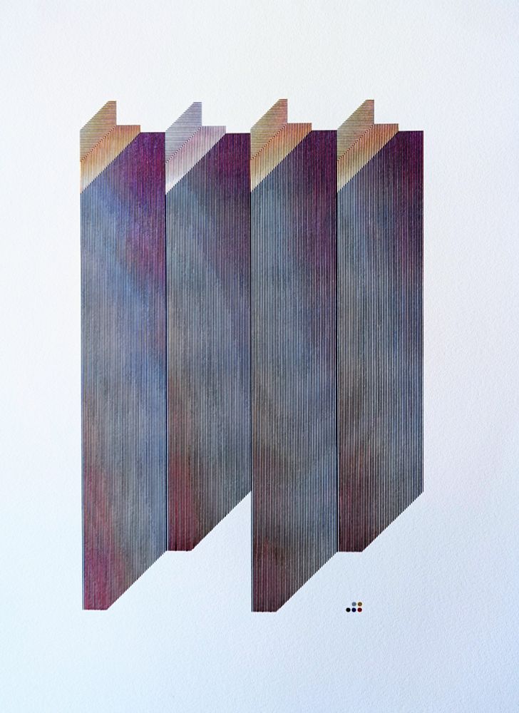 Abstract pen plotted print in mostly blue tones composed of angular shapes nested together