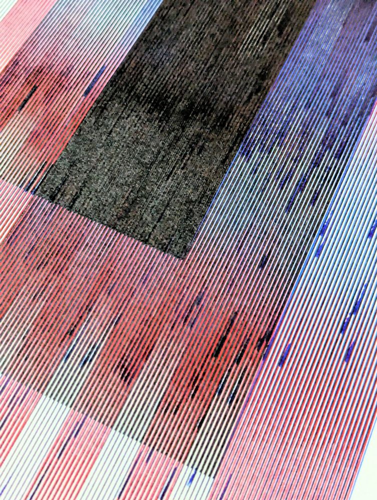 Detail of abstract pen plotted moire drawing in red, blue, and black inks.