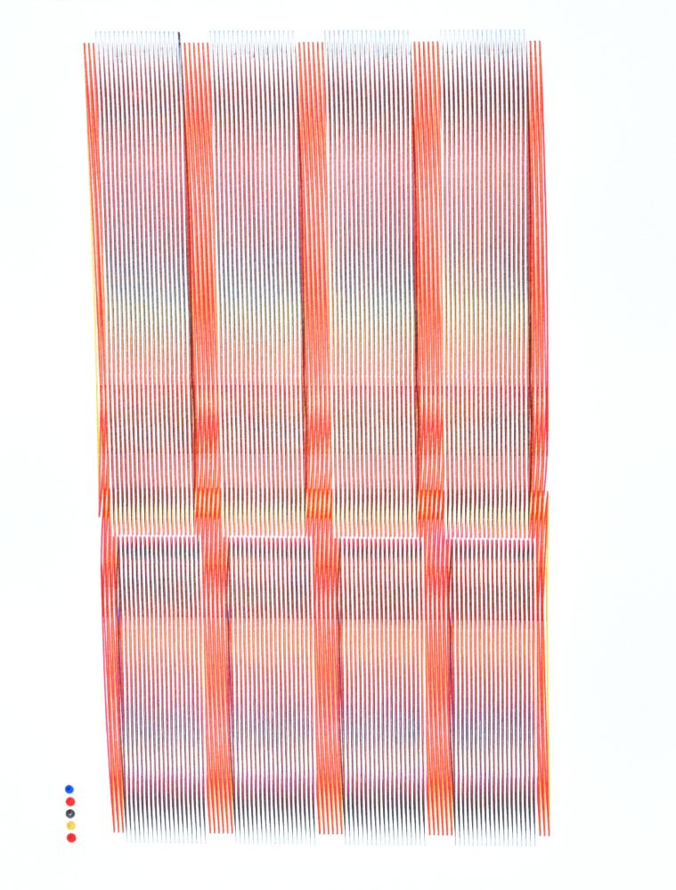 Abstract pen plotted print made with overlapping lines.  Mostly red with a top layer of white.