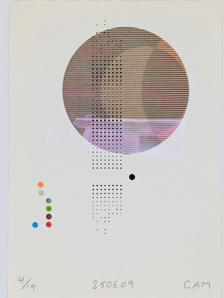 Abstract geometric pen plotted print with built up color lines and a touch of gesso.