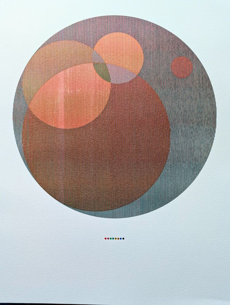 Abstract pen plotted print with various colors overlapping in a nested circle composition