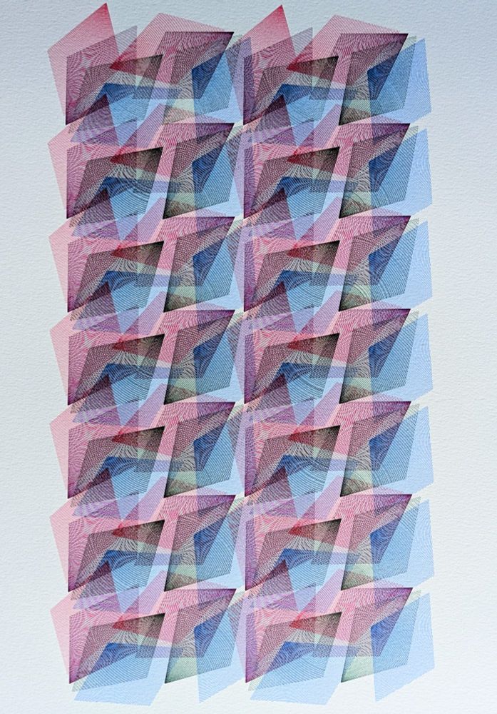 Abstract pen plotted print with red, purple, green, and blue diamond shapes overlapping