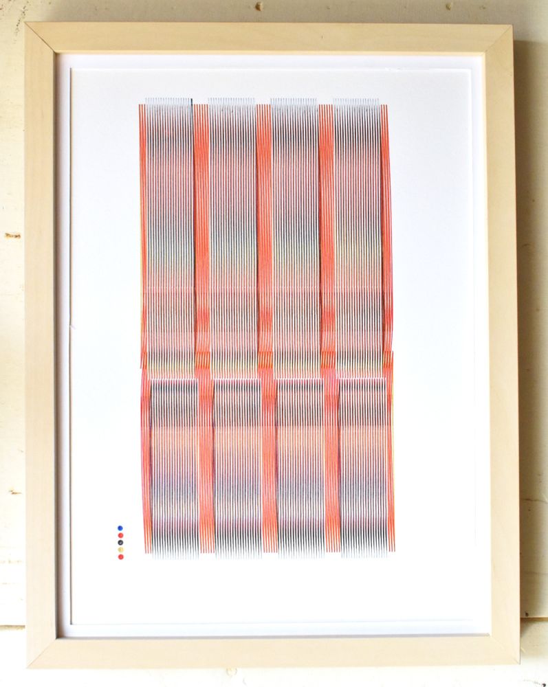 Framed abstract pen plotted print made with overlapping lines.  Mostly red with a top layer of white.