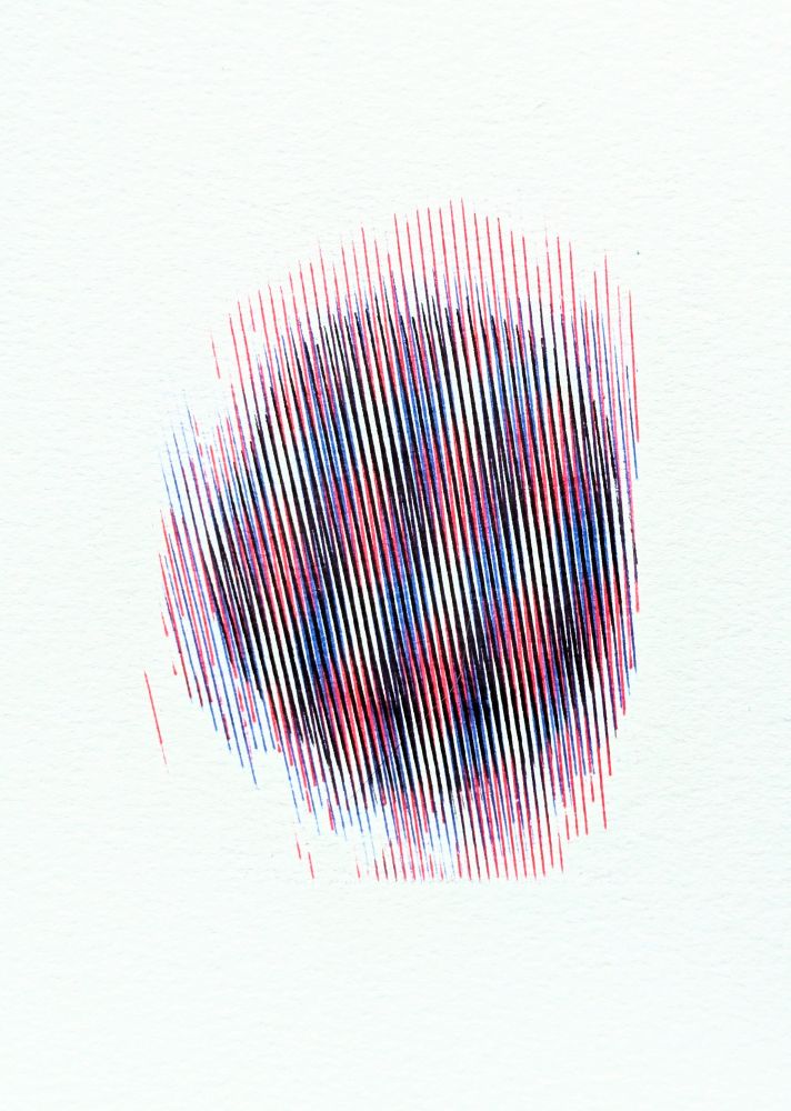 Abstract moire pen plotted print with red, blue, and black overlapping lines