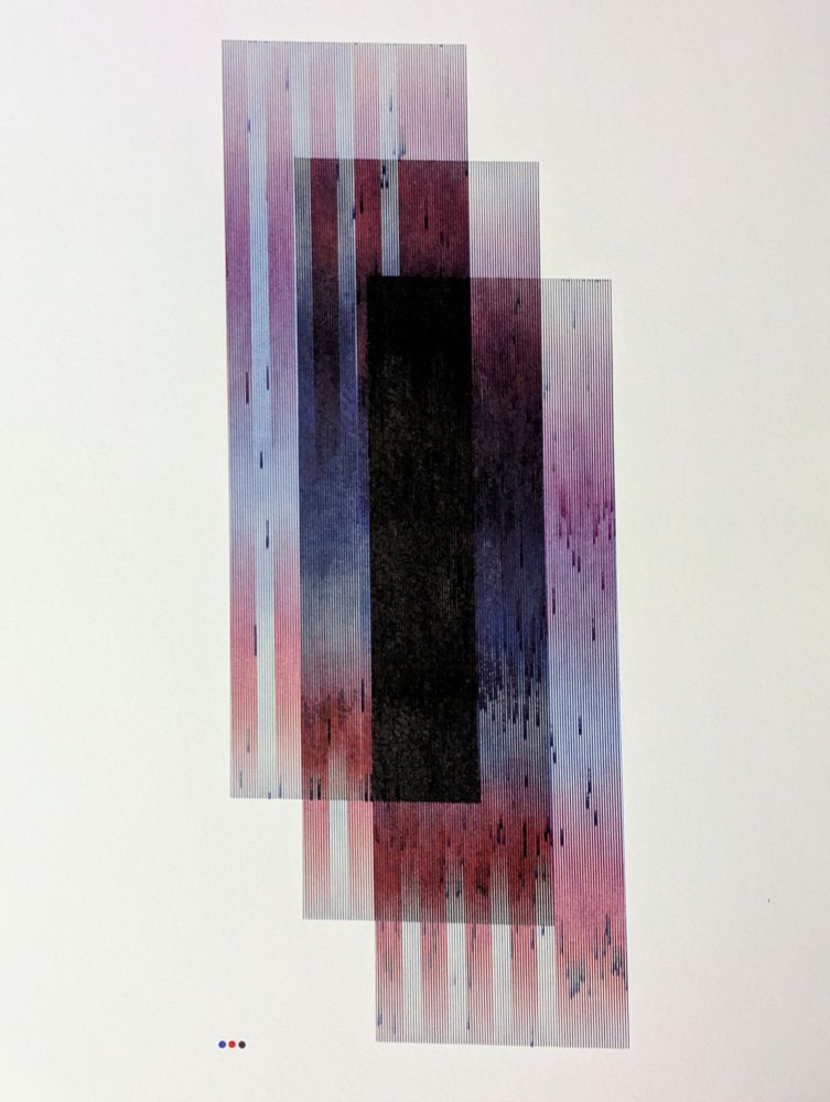 Abstract pen plotted moire drawing in red, blue, and black inks.