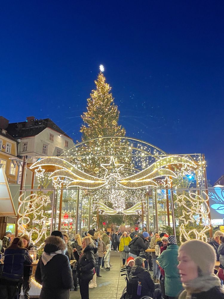 Christmas Market in Graz. Christmas Lights between the stalls and a Christmas tree in the backround.