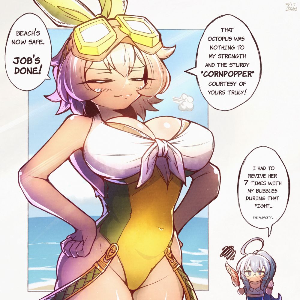 Comic panel of Hazel commenting on her latest exploit even though she was beaten several times and needed an assistance as stated by Beryl