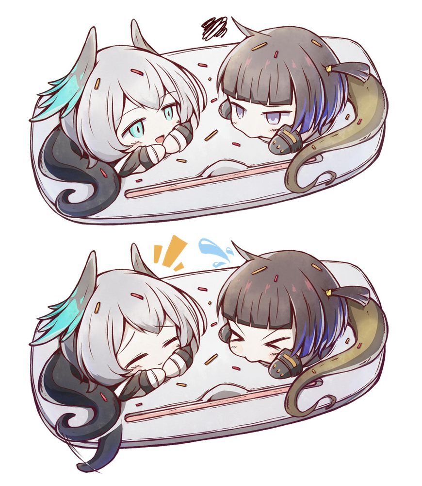 An illustration of two snake girls stylized in a chibi form, sitting on a tray and shaped like a dessert with sprinkles on top