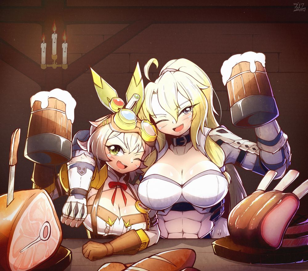 Hazel and Millia, surrounded by various roasts and breads, raising a toast to the viewer