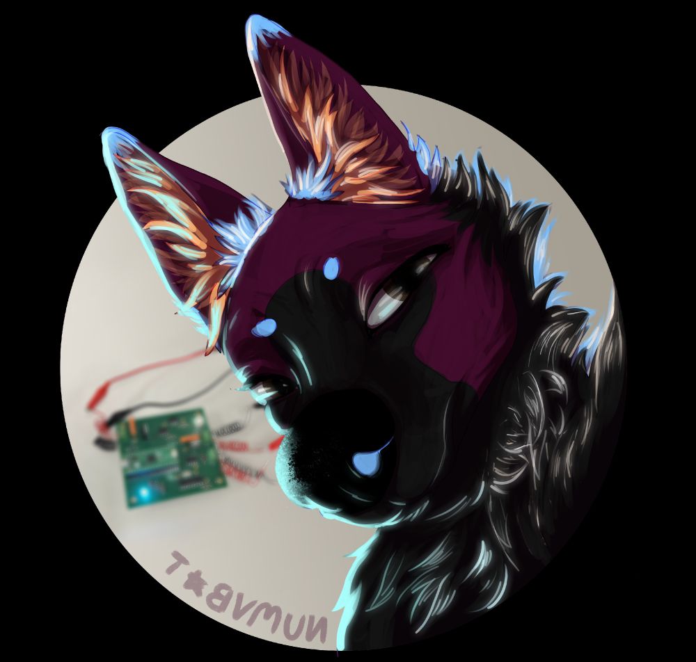 Numbat sleepily looking at you with a PCB behind her.
