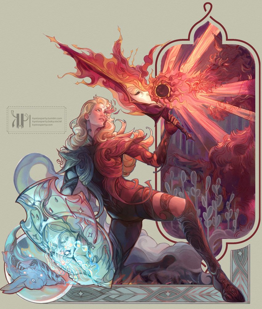 A fullbody piece of a paladin holding a sword and a shield, looking a bit like a medieval book drawing. The paladin has an organic, hardened magma looking armor, one half is blue and the other half is red. The sword and shield both have faces and they seem to be singing, the sword is invoking a fire meteor directed at a big monster that's snarling at the character while the shield seems to be bringing a dead rabbit back to life.