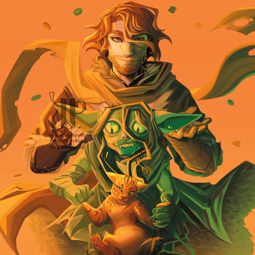 Caleb, Nott and Frumpkin, illuminated with a yellow and green light over an orange background.