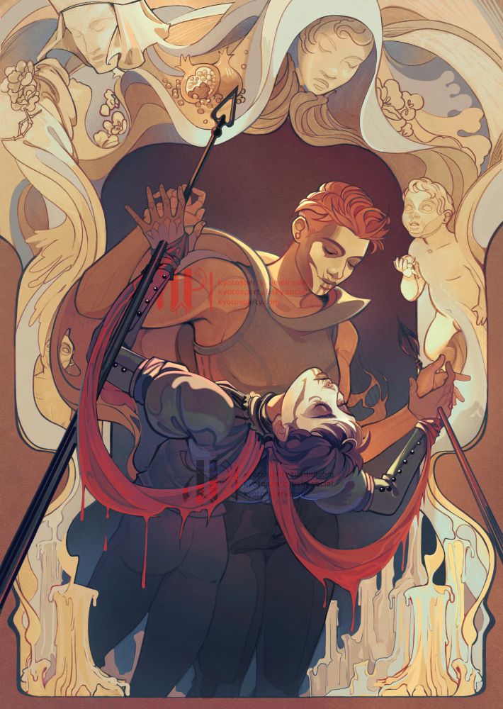 Gideon holding Harrow's hands with two spears piercing through them. An array of statues and half melted candles frame their figures. Harrow is wearing a scarf tinted red with her blood and it looks like bloody wings.