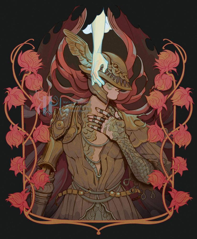 A half body of Malenia (blade of Miquella) laying on the floor with her rotting hand on her chest. Miquella's hand is reaching out from above and caressing her head. She is framed by her rot flowers.