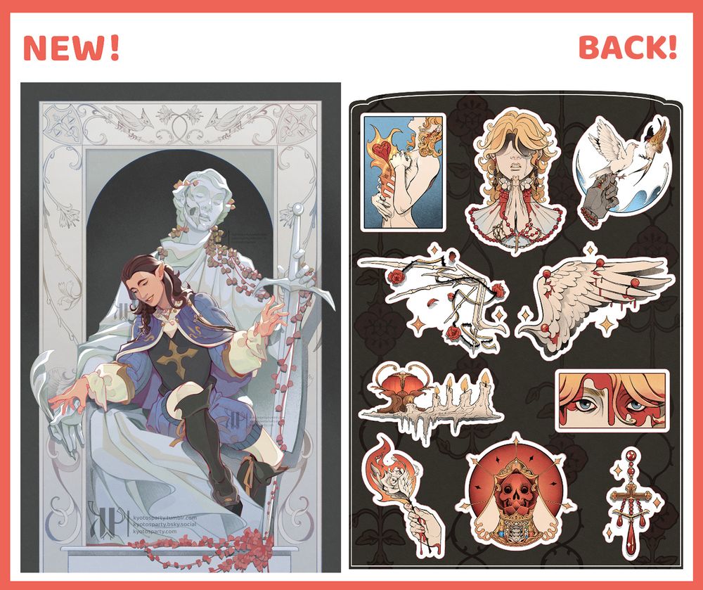 PRINT A5: My OC Eliott sitting atop a broken statue that is holding a sword and a quill. There's a crack on the face of the statue, with a skull peeking from underneath. Eliott is reaching for the quill but his other hand hovers over the sword.

STICKER SHEET: Various stickers of my OC Auriel, very church themed, bloody, with a dark tone.