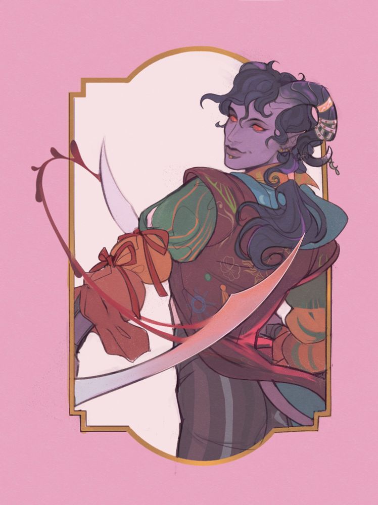 Half-body piece of Mollymauk Tealeaf wielding his twin swords. He's turning his head to smile at the viewer. There's a pink frame with a golden inner edge around him.